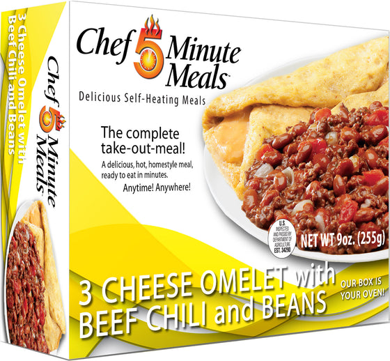 Chef 5 Minute Meal Cheese Omelet w/ Beef Chili & Beans - Case
